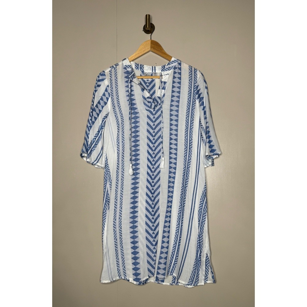 Goa Beachwear by Japna Blue White Geometric Tribal Print Shift Dress XS Rayon - Picture 2 of 8